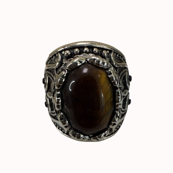 Tigers Eye Gemstone Ring With Intricate Silver-Tone Filigree Design Size 8 - Picture 1 of 13